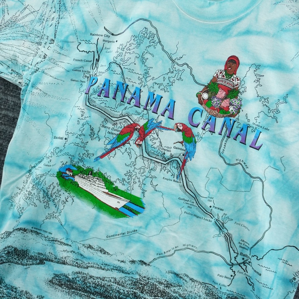Vintage 90s Fruit of the Loom Panama Canal T-Shirt Unisex Large Blue Map Print - Picture 2 of 9